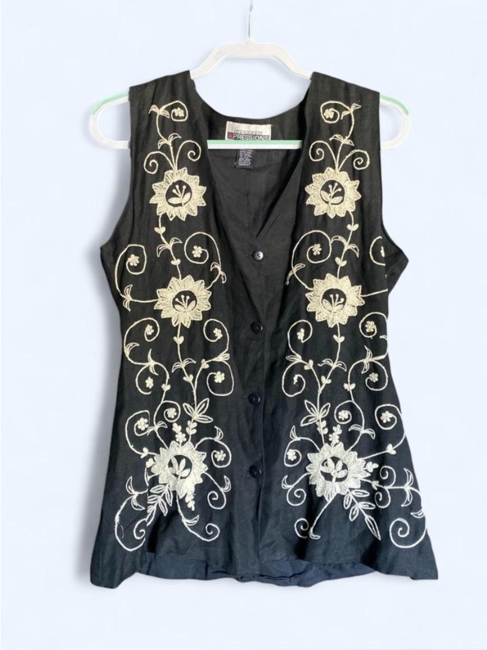 Vintage Body Xpressions Embroidered Boho Vest Black Cotton Blend Size M